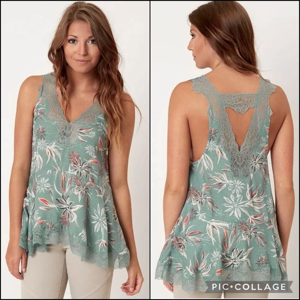 FP Intimately Teal Floral Lace Trapeze Blouse Top